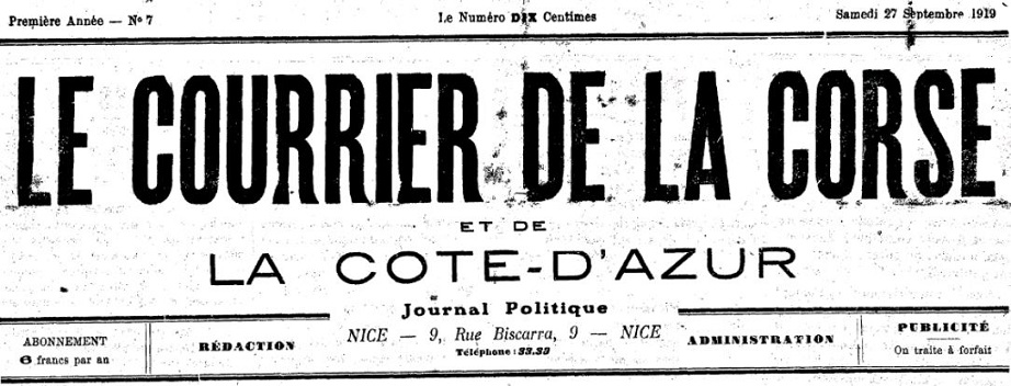 Photo (Archives de la Collectivité de Corse – Pumonti) de : Le Courrier de la Corse et de la Côte d'Azur. Nice, 1919-[1924 ?]. ISSN 2124-7390.