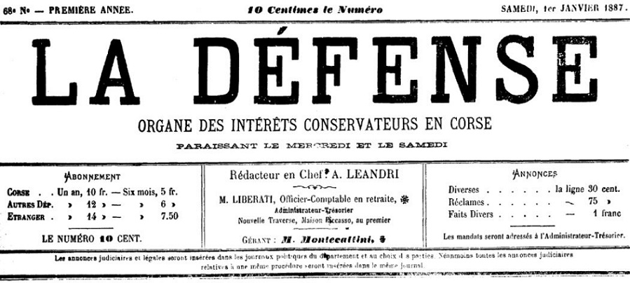 Photo (Archives de la Collectivité de Corse – Pumonti) de : La Défense. Bastia, 1886-[1889 ?]. ISSN 2125-4060.