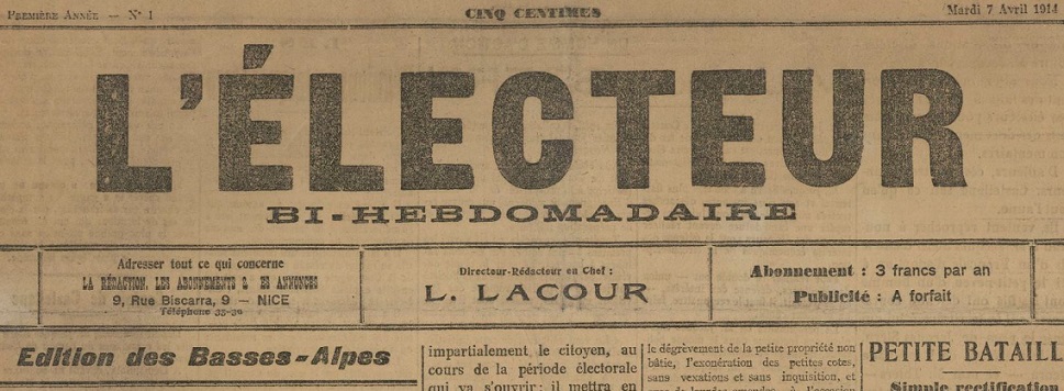 Photo (BnF / Gallica) de : L'Électeur. Éd. des Basses-Alpes. Nice, 1914. ISSN 2127-1402.