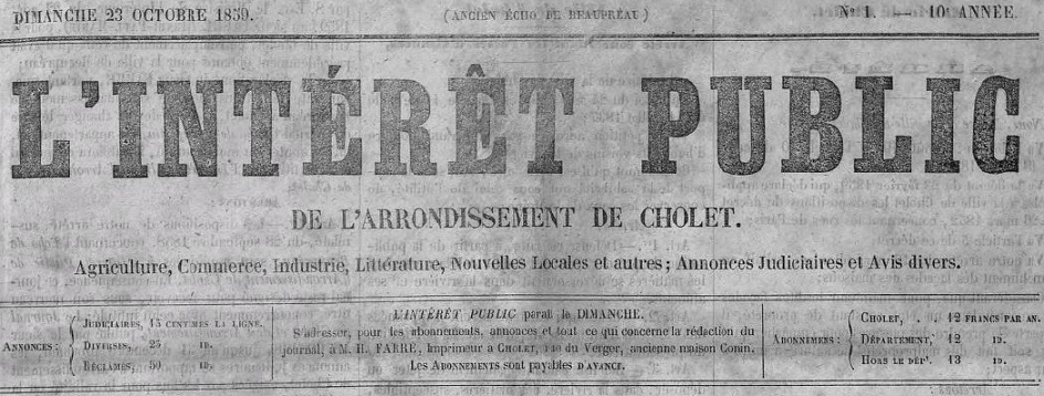 Photo (Cholet (Maine-et-Loire). Archives municipales) de : L'Intérêt public de l'arrondissement de Cholet. Cholet, 1859-1944. ISSN 2129-9587.