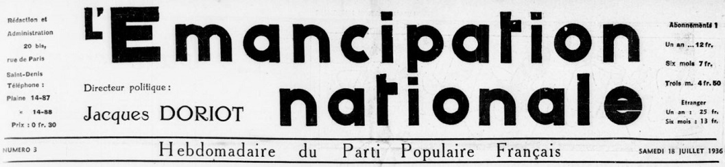Photo (BnF / Gallica) de : L'Émancipation nationale. Paris, 1936-1944. ISSN 1149-7416.