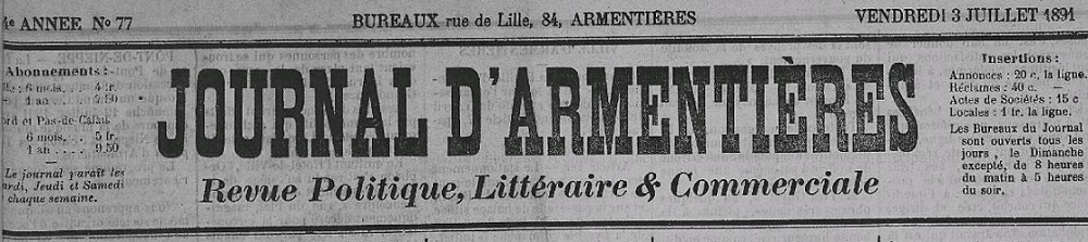 Photo (Armentières (Nord). Archives municipales) de : Journal d'Armentières. Armentières, 1877-[1910 ?]. ISSN 2130-2081.