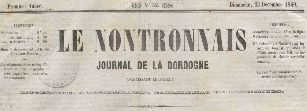 Photo (Dordogne. Archives départementales) de : Le Nontronnais. Nontron, 1849-[1939 ?]. ISSN 2113-2925.