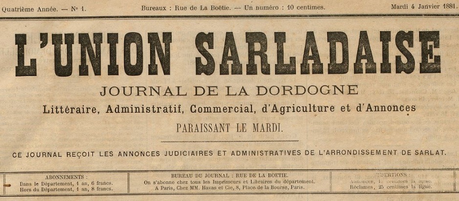 Photo (Dordogne. Archives départementales) de : L'Union sarladaise. Sarlat, 1878-1944. ISSN 2113-2542.