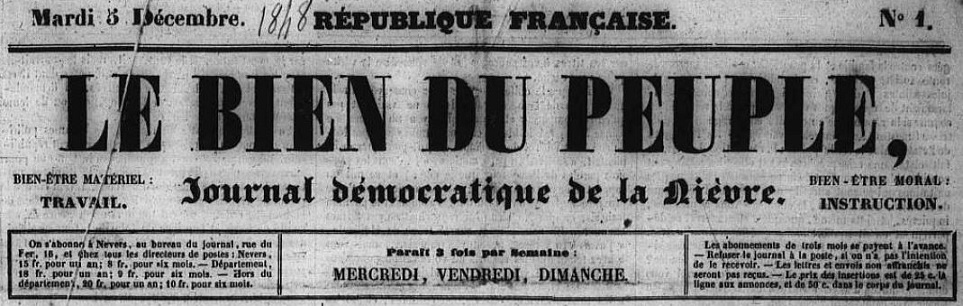 Photo (Nièvre. Archives départementales) de : Le Bien du peuple. Nevers : impr. Prosper Bégat, 1848-1849. ISSN 1261-615X.