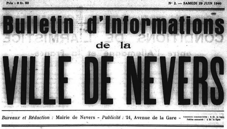 Photo (Nièvre. Archives départementales) de : Bulletin d'informations de la ville de Nevers. Nevers : Mairie de Nevers, 1940. ISSN 1261-6222.