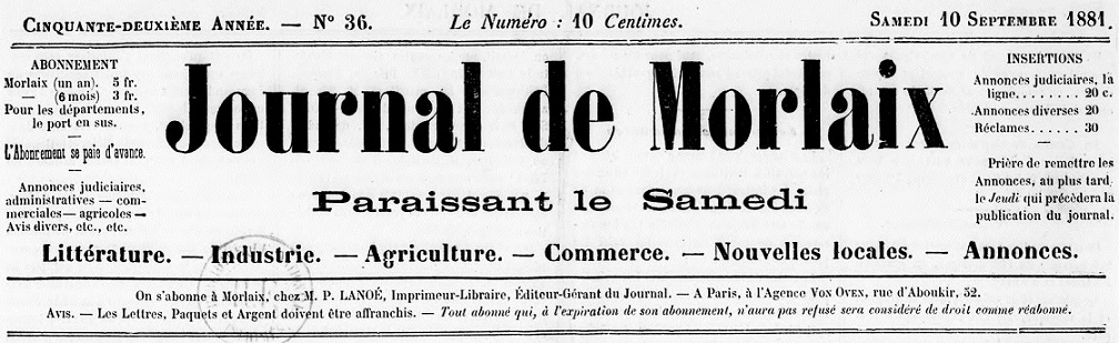 Photo (BnF / Gallica) de : Journal de Morlaix. Morlaix, 1850-1885. ISSN 2130-5420.