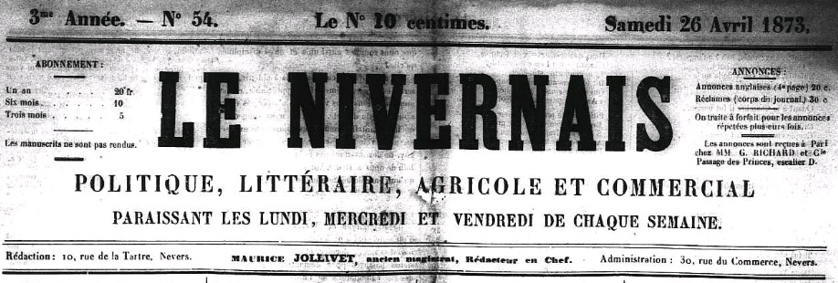 Photo (Nièvre. Archives départementales) de : Le Nivernais. Cosne, 1871-[1965?]. ISSN 2118-7762.