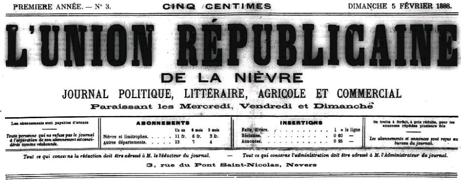 Photo (Nièvre. Archives départementales) de : L'Union républicaine de la Nièvre. Nevers, 1888-1895. ISSN 2116-7370.