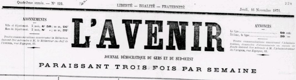 Photo (BnF / Gallica) de : L'Avenir. Auch, 1868-1878. ISSN 2016-0852.