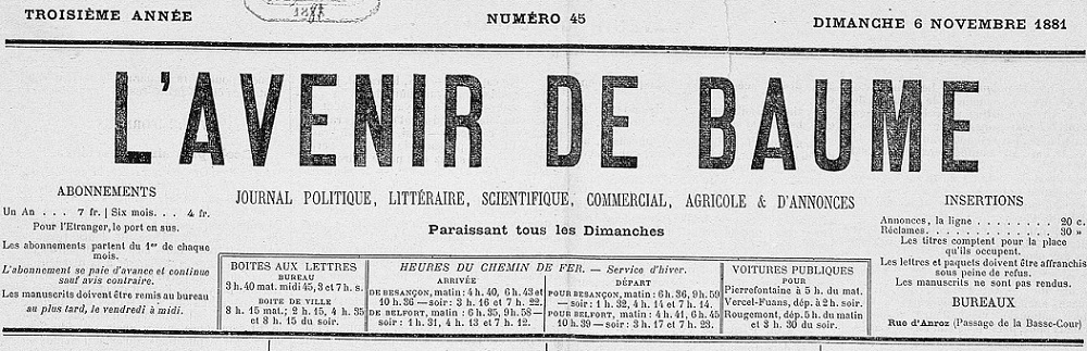 Photo (Bibliothèque municipale (Besançon)) de : L'Avenir de Baume. Baume-les-Dames, 1879-1909. ISSN 2023-3914.
