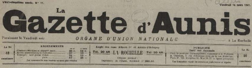 Photo (Archives nationales, Z/4/131, dossier 350, scellé 39) de : La Gazette d'Aunis. La Rochelle, 1916-1945. ISSN 2128-5632.