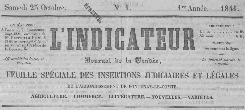 Photo (Vendée. Archives départementales) de : L'Indicateur. Fontenay, 1841-1885. ISSN 2017-3059.