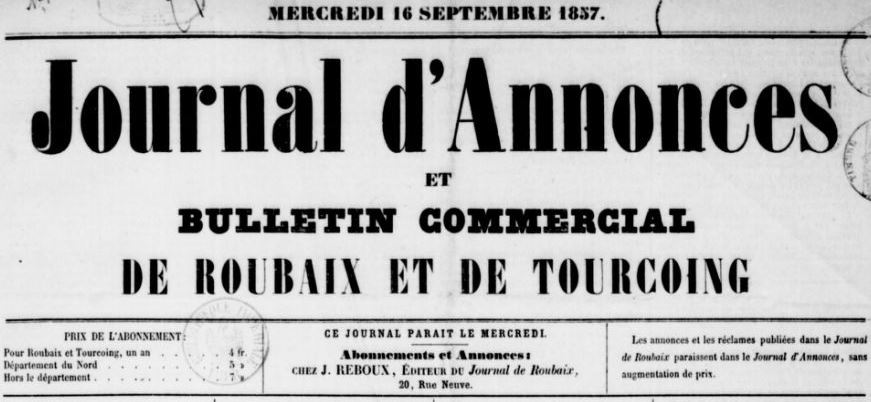 Photo (BnF / Gallica) de : Journal d'annonces et bulletin commercial de Roubaix et de Tourcoing. Roubaix, 1857-[1860 ?]. ISSN 2130-1859.