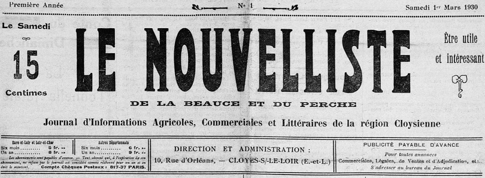 Photo (Arch. dép. d'Eure-et-Loir, Per 80) de : Le Nouvelliste de la Beauce et du Perche. Cloyes-sur-le-Loir, 1930-1932. ISSN 2133-1634.