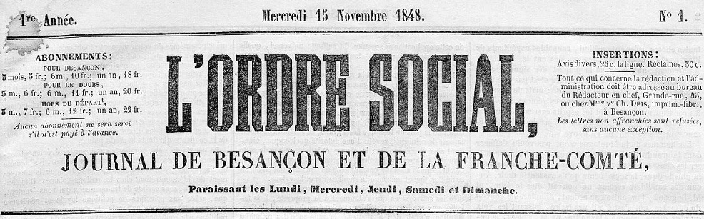 Photo (Bibliothèque municipale (Besançon)) de : L'Ordre social. Besançon, 1848-1849. ISSN 2024-8245.