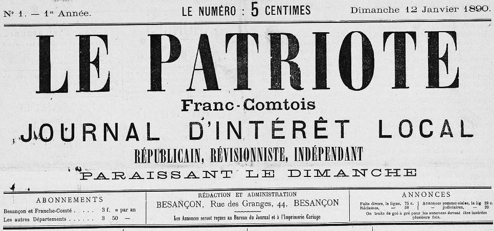 Photo (Bibliothèque municipale (Besançon)) de : Le Patriote franc-comtois. Besançon, 1890-[1890 ?]. ISSN 2133-7349.