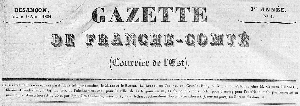 Photo (Bibliothèque municipale (Besançon)) de : Gazette de Franche-Comté. Besançon, 1831-1834. ISSN 2024-1410.