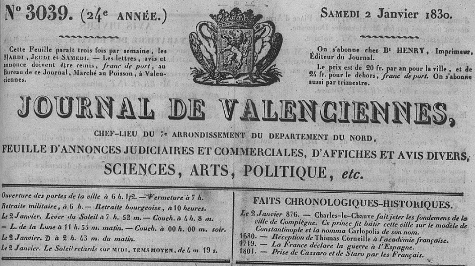 Photo (Bibliothèque municipale (Valenciennes, Nord)) de : Journal de Valenciennes. Valenciennes, 1827-1830. ISSN 2553-985X.