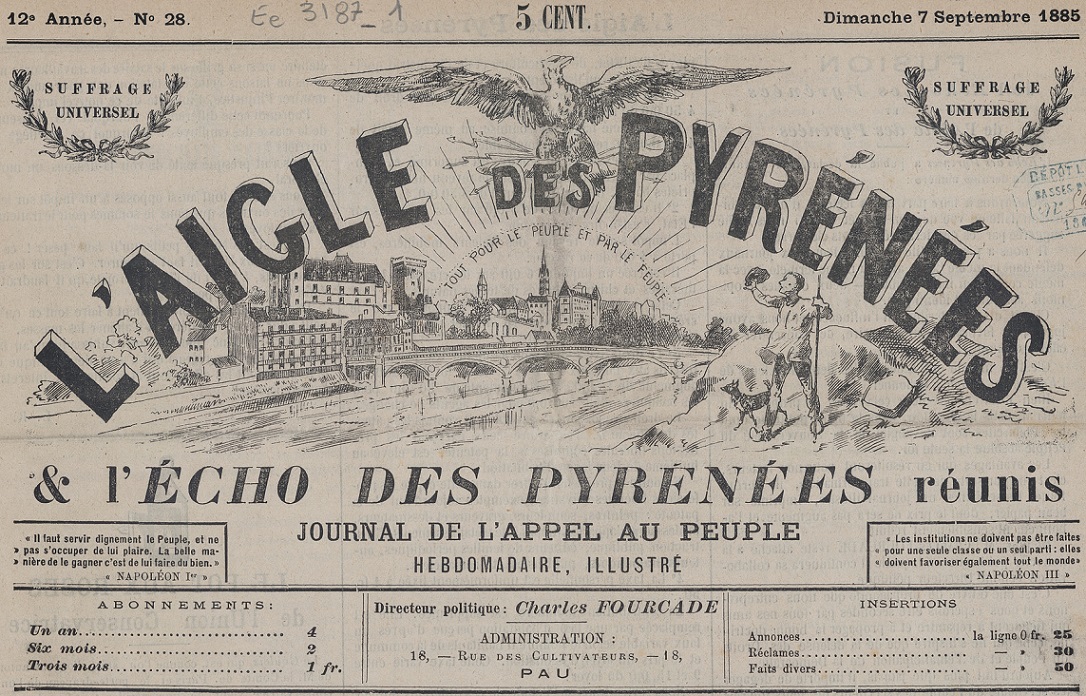 Photo (BnF / Gallica) de : L'Aigle des Pyrénées & l'Écho des Pyrénées réunis. Pau, 1885-1886. ISSN 2015-6030.