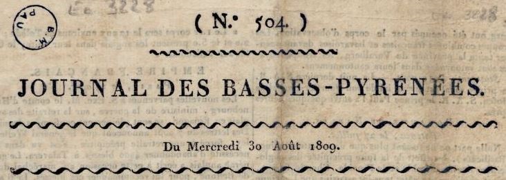 Photo (BnF / Gallica) de : Journal des Basses-Pyrénées. Pau, 1801-1814. ISSN 1261-5870.
