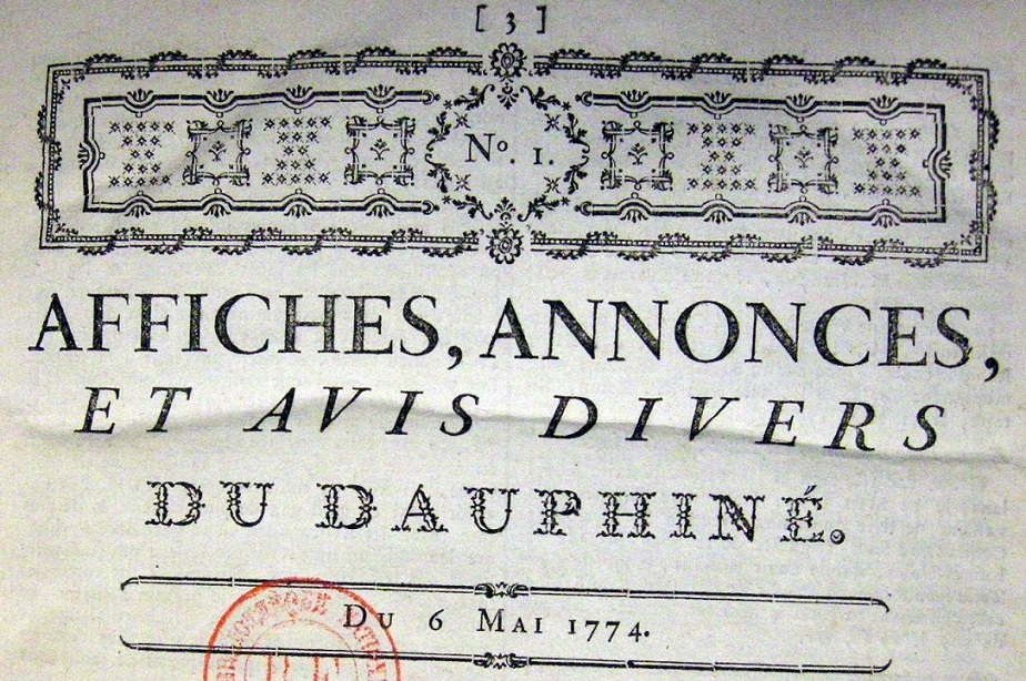 Photo (BnF / Gallica) de : Affiches, annonces et avis divers du Dauphiné. A Grenoble : chez la Veuve Giroud, 1774-1792. ISSN 2256-8433.