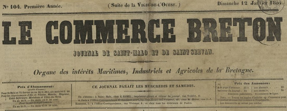 Photo (Côtes-d'Armor. Archives départementales) de : Le Commerce breton. Saint-Malo, 1850-1874. ISSN 2124-1961.