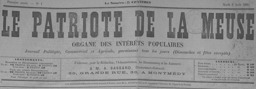 Photo (Meuse. Archives départementales) de : Le Patriote de la Meuse. Montmédy, 1881-[1882 ?]. ISSN 2133-7039.