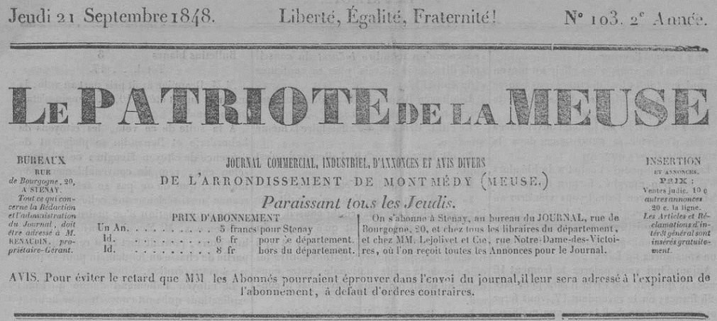 Photo (Meuse. Archives départementales) de : Le Patriote de la Meuse. Stenay, [1848 ?]. ISSN 2133-7047.