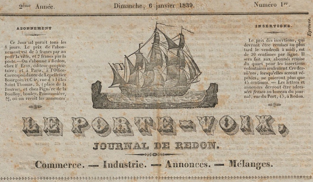 Photo (Côtes-d'Armor. Archives départementales) de : Le Porte-voix. Redon, [1838 ?-1848 ?]. ISSN 2135-1554.