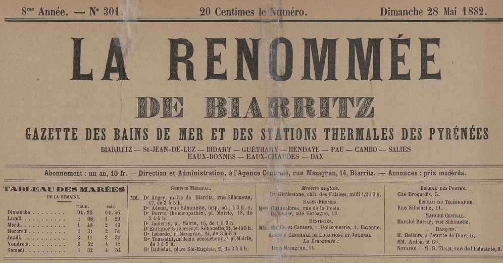 Photo (BnF / Gallica) de : La Renommée de Biarritz. Bayonne, 1875-[1882 ?]. ISSN 2018-3232.
