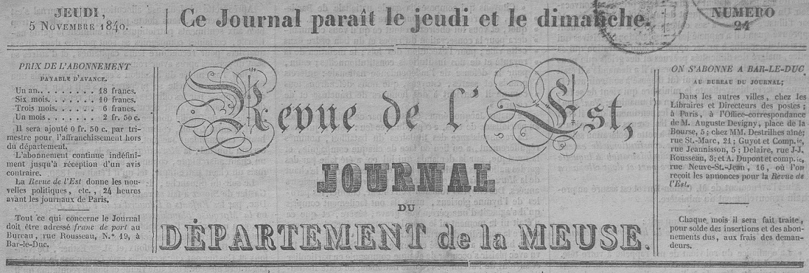 Photo (Meuse. Archives départementales) de : Revue de l'Est. Bar-le-Duc, 1840-1843. ISSN 2137-306X.