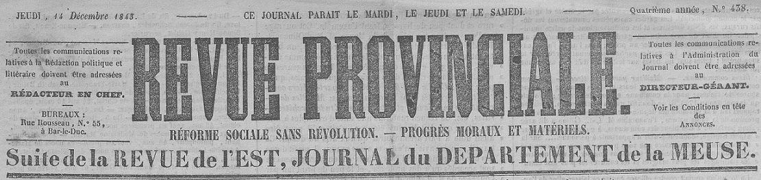 Photo (Meuse. Archives départementales) de : Revue provinciale. Bar-le-Duc, 1843-1846. ISSN 2137-4961.