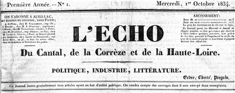 Photo (Cantal. Archives départementales) de : L'Écho du Cantal, de la Corrèze et de la Haute-Loire. Aurillac, 1834-1846. ISSN 2126-5674.