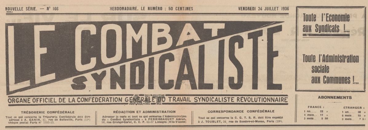 Photo (Charles Hotz Papers, International Institute of Social History (Amsterdam)) de : Le Combat syndicaliste. Lyon, 1926-[1939 ?]. ISSN 2800-793X.