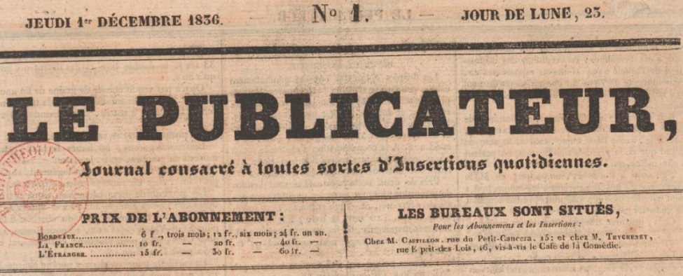 Photo (BnF / Gallica) de : Le Publicateur. Bordeaux, 1836-1840. ISSN 2825-3485.