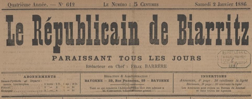 Photo (BnF / Gallica) de : Le Républicain de Biarritz. Bayonne, 1884-1890. ISSN 1775-2590.