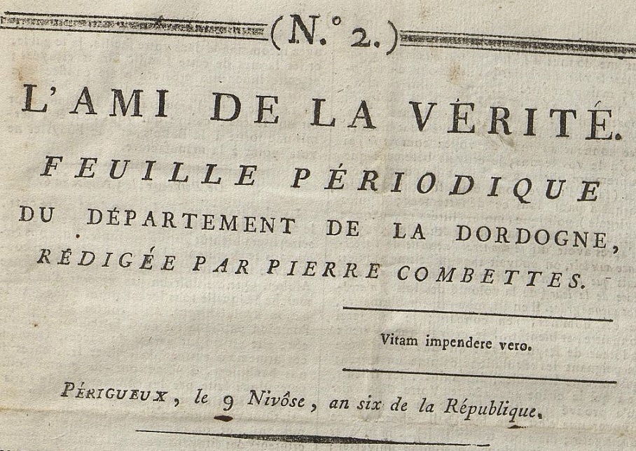Photo (Bibliothèque municipale (Bordeaux)) de : L'Ami de la vérité. Périgueux, 1797. ISSN 2557-1370.