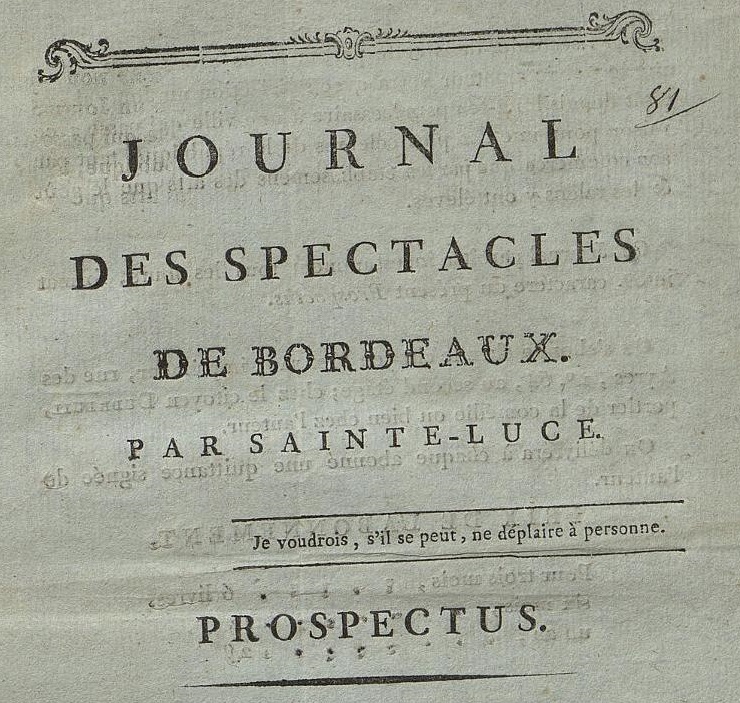 Photo (Bibliothèque municipale (Bordeaux)) de : Journal des spectacles de Bordeaux. Bordeaux, [1792 ?-1793 ?]. ISSN 2825-1369.