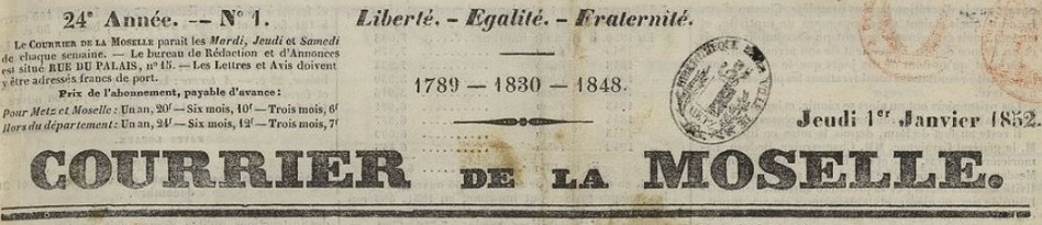 Photo (BnF / Gallica) de : Courrier de la Moselle. Metz, 1829-[1885 ?]. ISSN 2015-335X.