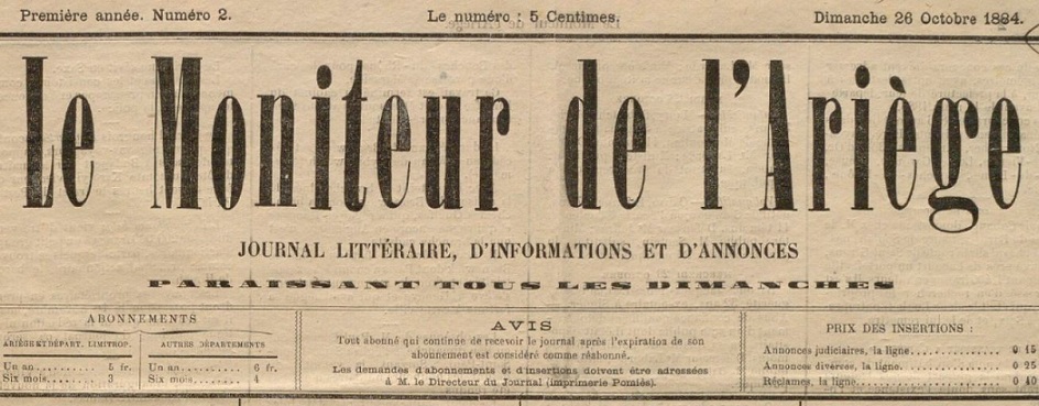 Photo (BnF / Gallica) de : Le Moniteur de l'Ariège. Foix, 1884-1903. ISSN 2132-4190.
