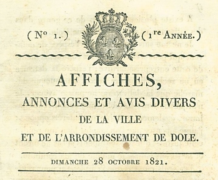Photo (BnF / Gallica) de : Affiches, annonces et avis divers de la ville et de l'arrondissement de Dole. Dole, 1821-1822. ISSN 2017-9138.