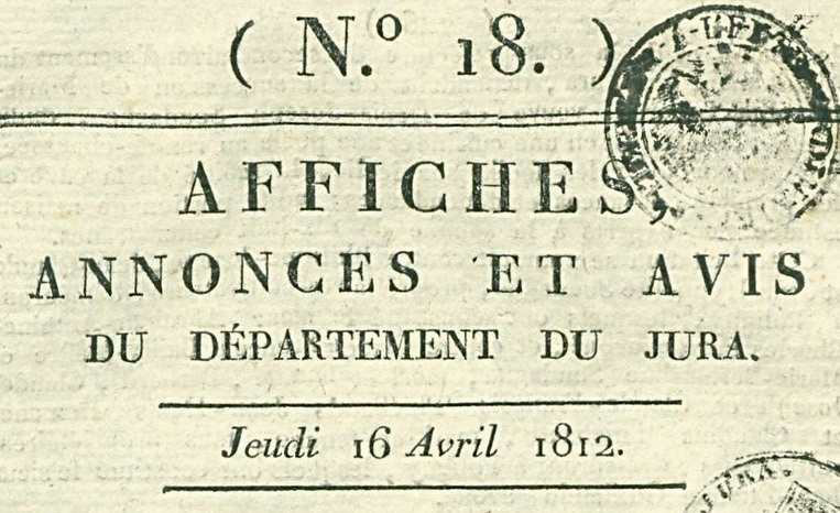 Photo (BnF / Gallica) de : Affiches, annonces et avis du département du Jura. Lons-le-Saunier, 1811-1820. ISSN 2827-0215.