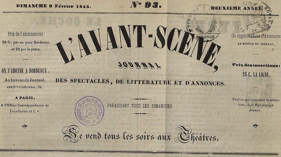 Photo (Bibliothèque municipale (Bordeaux)) de : L'Avant-scène. Bordeaux, [1843 ?-1845 ?]. ISSN 2827-153X.