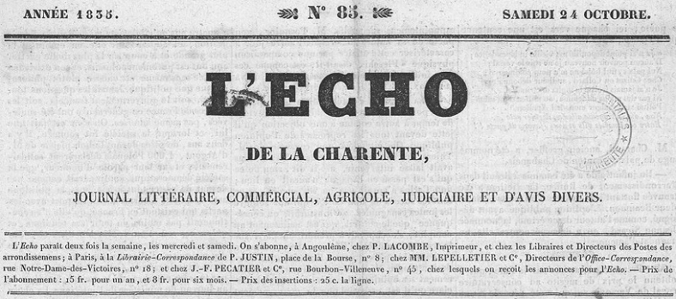 Photo (Charente. Archives départementales, cote 1 PER 10) de : L'Écho de la Charente. Angoulême : Impr. de P. Lacombe, 1835-1848. ISSN 2100-6474.