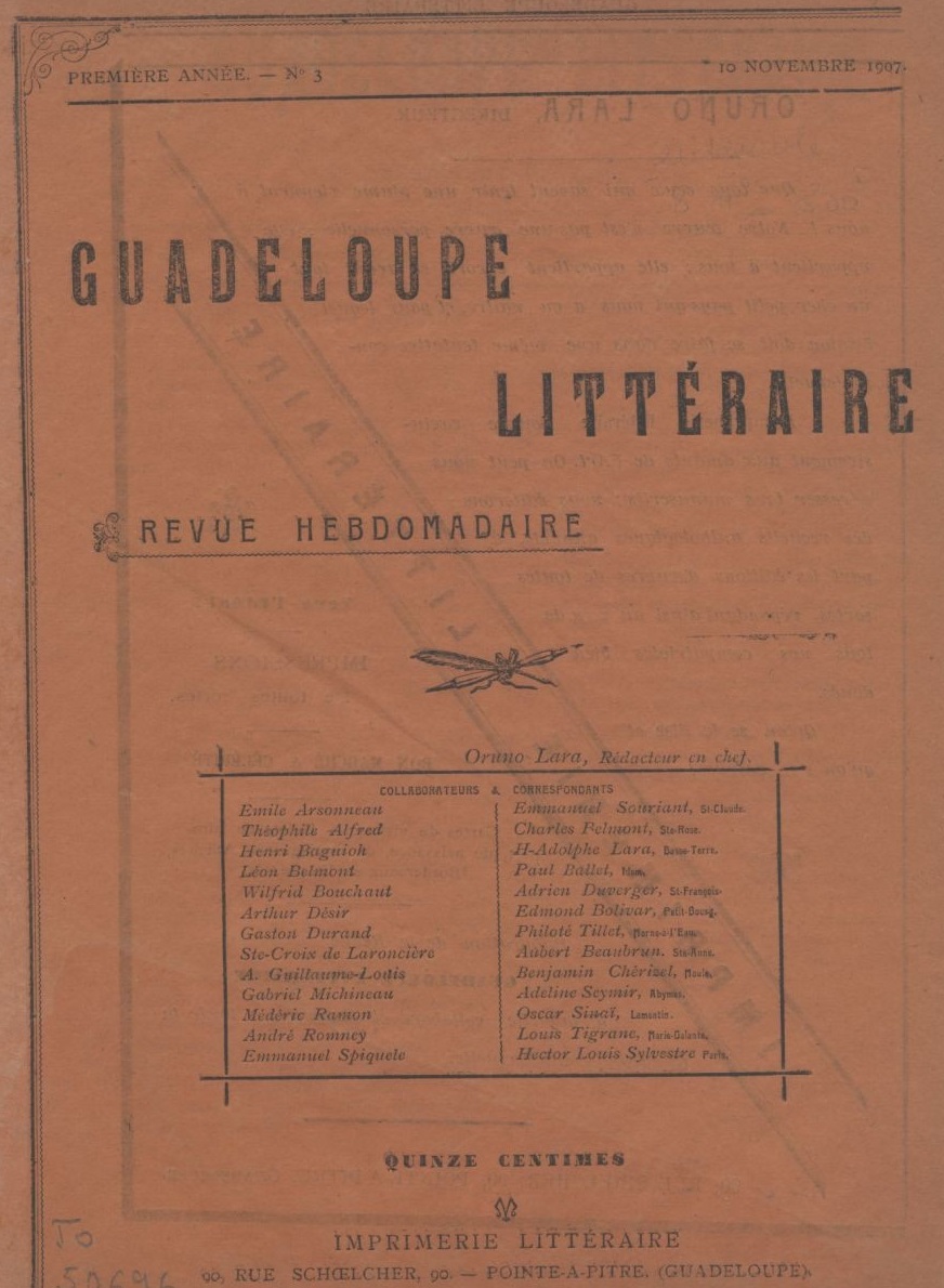 Photo (BnF / Gallica) de : Guadeloupe littéraire. Pointe-à-Pitre : Imprimerie littéraire, 1907-1914. ISSN 2779-8615.