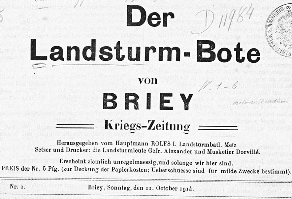Photo (BnF / Gallica) de : Der Landsturm-Bote von Briey. [Briey], 1914. ISSN 2492-5217.