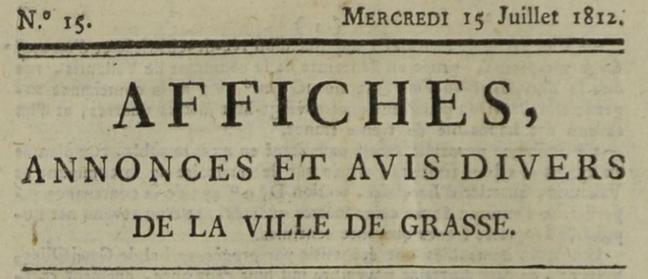 Photo (Bibliothèque municipale (Grasse, Alpes-Maritimes)) de : Affiches, annonces et avis divers de la ville de Grasse. Grasse, 1811-[1852 ?]. ISSN 2023-0370.