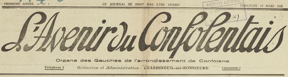 Photo (BnF / Gallica) de : L'Avenir du Confolentais. Chasseneuil-sur-Bonnieure, 1928. ISSN 1967-9262.