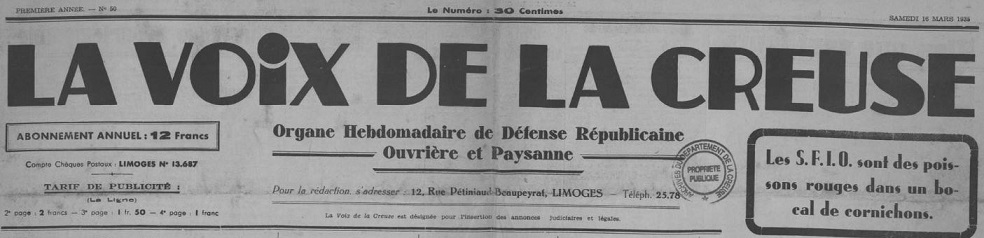 Photo (Creuse. Archives départementales) de : La Voix de la Creuse. Limoges, 1934-1936. ISSN 2140-1489.